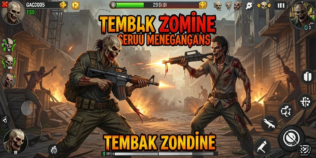 Tampilan antarmuka permainan GACOR305 dengan aksi tembak zombie.