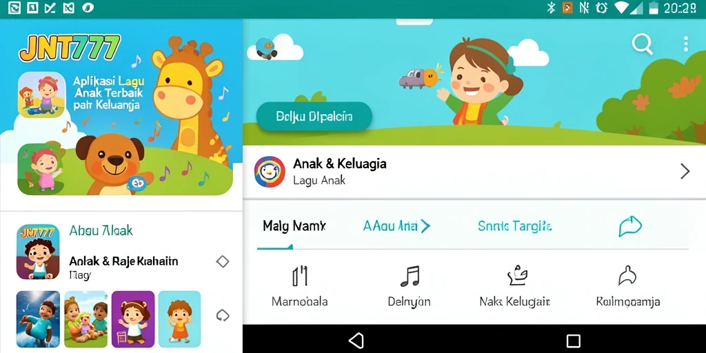 Antarmuka aplikasi JNT777 untuk mendengarkan lagu anak.